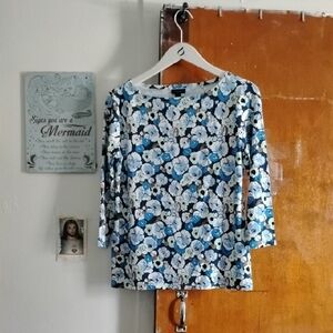 Ann Taylor Blue Floral Boatneck Long Sleeve Top